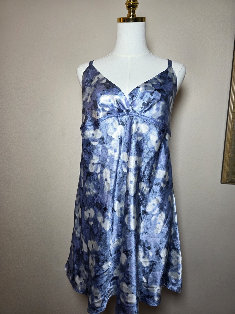 Jones New York Women's XL Blue Floral Satin Babydoll Chemise Nightgown